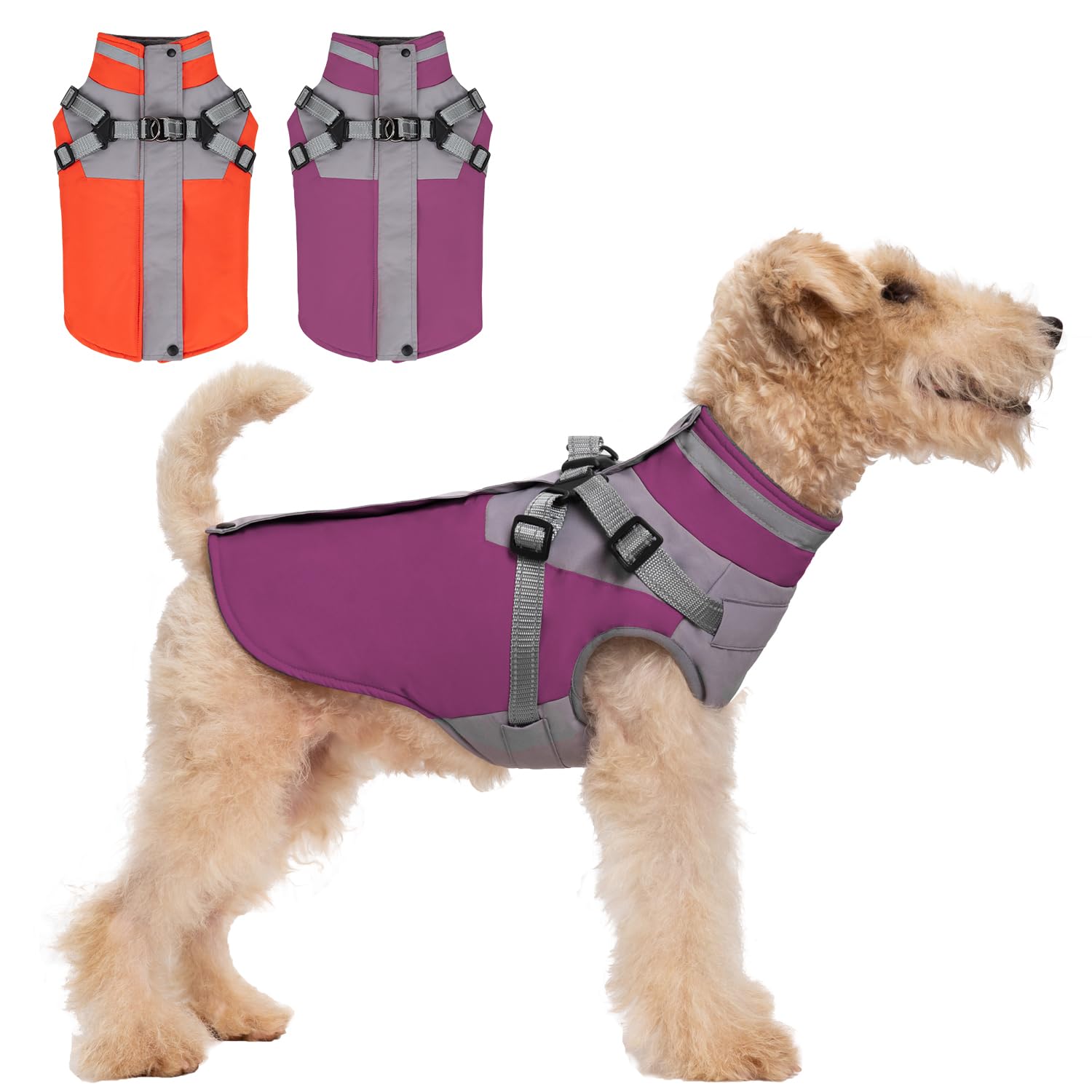 Aimydog Cozy Dog Jacket, Padded Fleece Dog Vest with Built-in Harness, 100% Waterproof Reflective Snow Pet Coat Clothes with Zipper, Purple, S-XL
