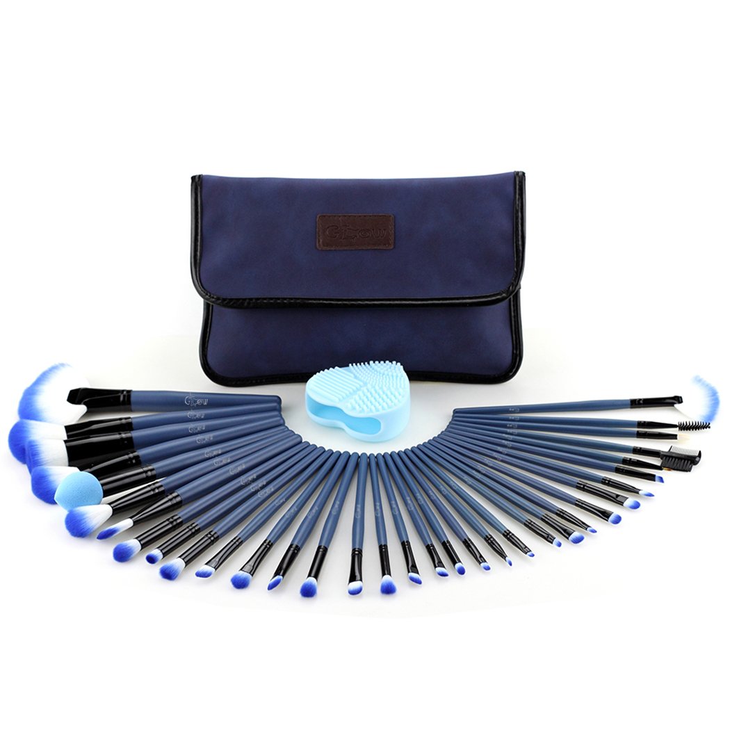 Glow Blue Makeup Brushes Set-34-Pieces makeup brushes set with brushes cleaner/scrubber for Face & Eye Makeup - Multipurpose Brush kit With Suede Fabric Case-Handy Cosmetic Makeup Kit - Blue Colour