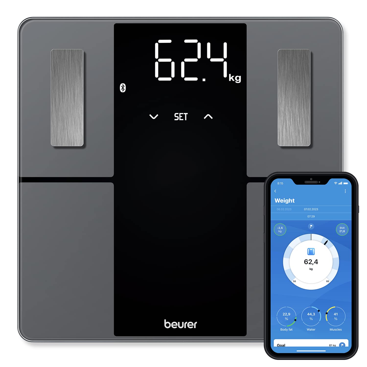 Beurer BF 500 personal scale with Bluetooth & app, digital body fat scale with measurement of body fat, muscle mass, calorie requirement etc. data transfer to Apple Health & co., up to 180 kg
