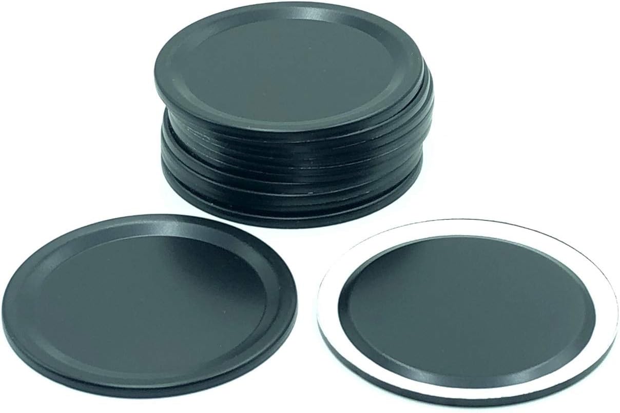 THINKCHANCES Rust Resistant Reusable Black Aluminum Airtight Flat Sealing Lids for Ball Transformer Mason Canning Jars (12 Pack, Wide Mouth)