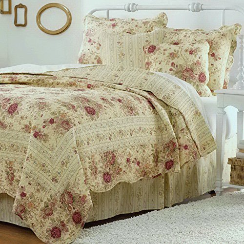 Cottage Romantic Quilt Set with Shams Floral Roses Print Pattern Cream Yellow Luxury 100 Cotton Reversible 3 Piece Bedding Double Full Queen Size - Includes Bed Sheet Straps