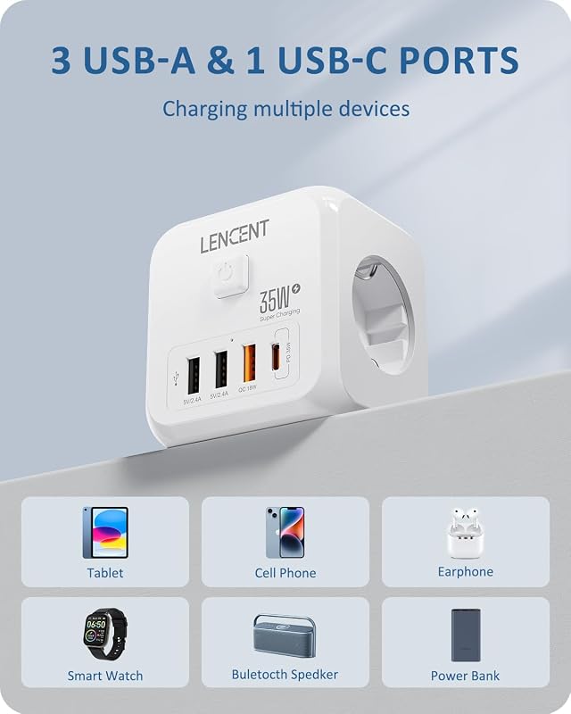 Lencent usb plug cube com carregamento rápido pd35w, ladron plug 4000w com 3 tomadas ca, 3 usb e 1 pd35w, multiple wall plug cube com interruptor, carregador usb para família, cozinha e escritório