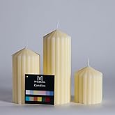 MOZEAL Hand-Poured Pointed Ribbed Soy Pillar Candles Set of 3 - Decorative Ivory Unscented Dripless Smokeless (4",6",8") 300 Hr Burn - Stylish Wedding Décor