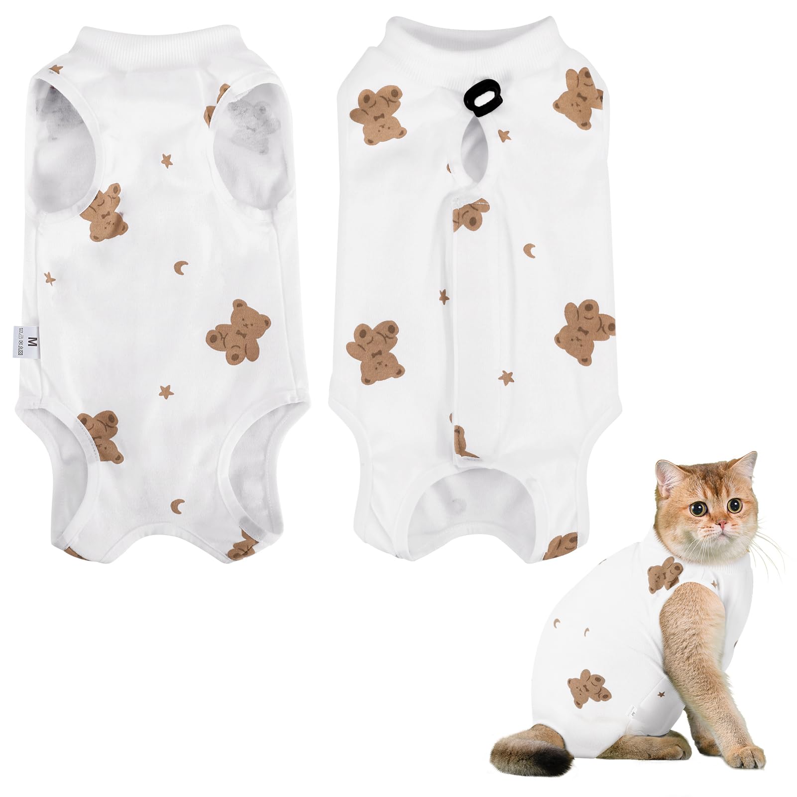 Invalidism Cat Surgery Recovery Suit Cats Post Surgical Recovery Suit Kitten Onesie Bodysuit Anti-licking Cats Vest Wound Protector Clothes,Elizabethan Collar&Cone Alternative(M/Bear Print)