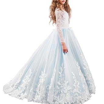 FYMNSI Blumenmädchen Kleid Kinder Langes Abendkleid Mädchen Stickerei Prinzessin Tütü Tüllkleid Hochzeit Brautjunger Maxiklei