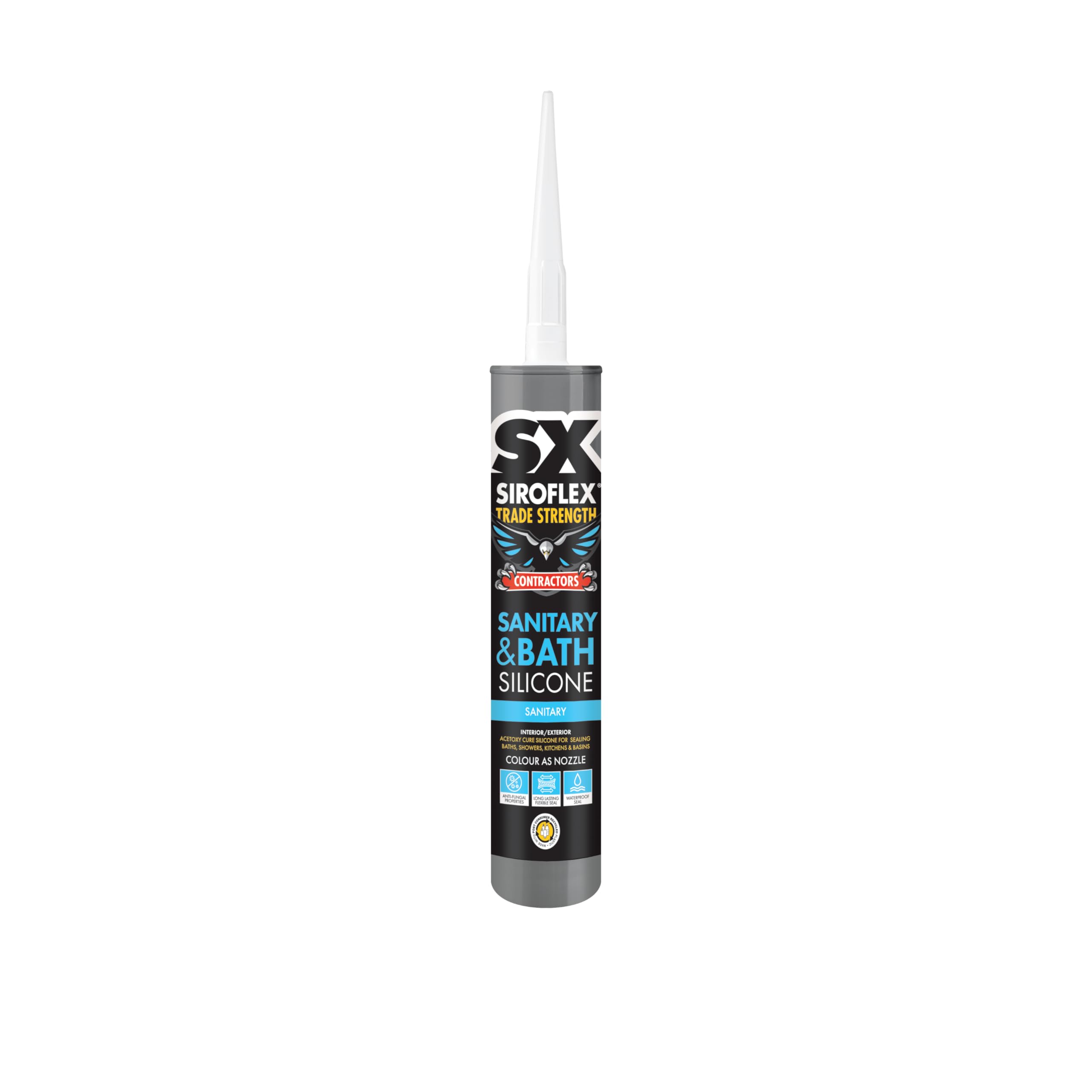 SX Siroflex Sanitary Silicone Clear – Sealing Baths, Showers, Kitchens and Basins with Anti‑Fungal Properties Providing a Waterproof Finish for Interior and Exterior Applications – 300ml