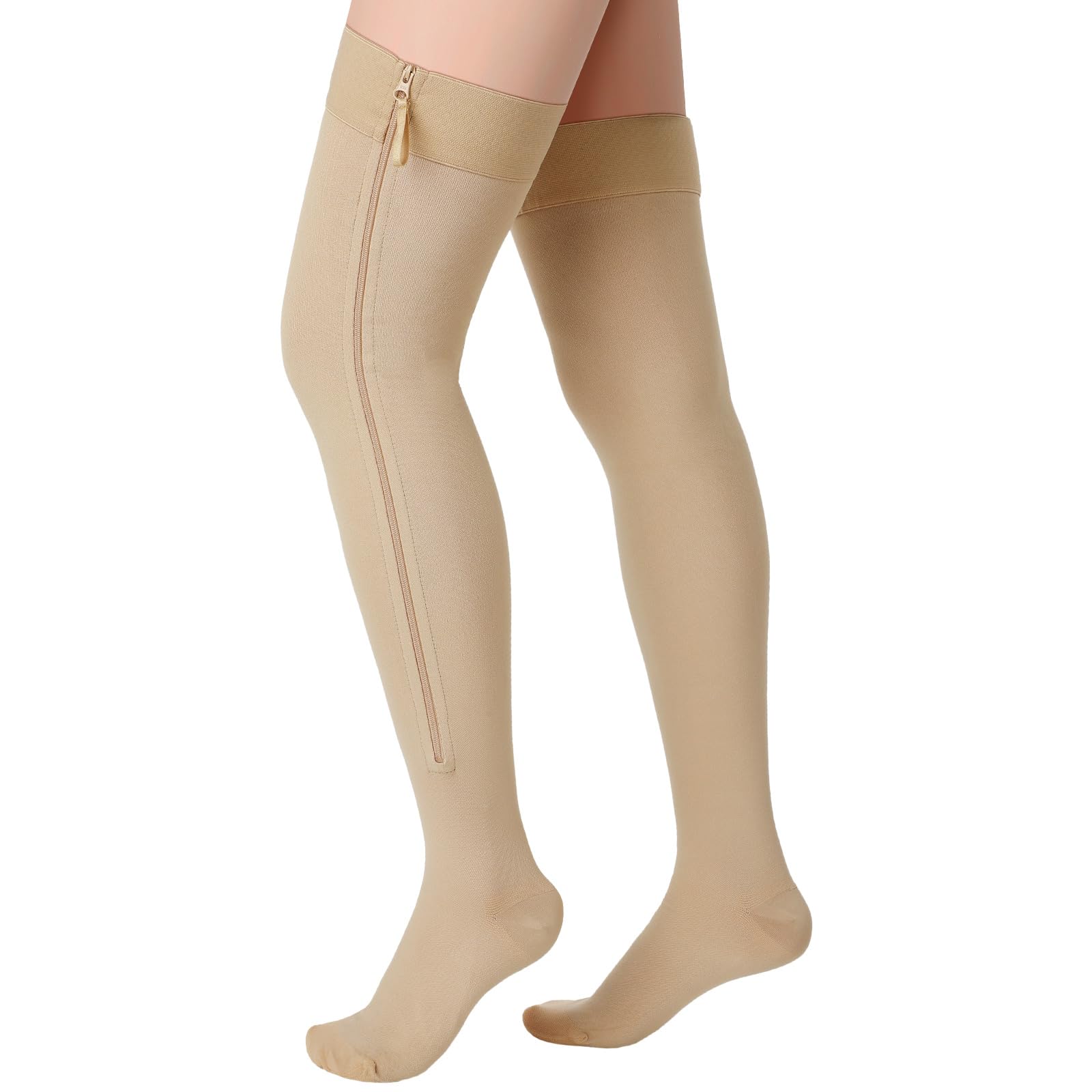 Photo 1 of Sosation Thigh High Zipper Compression Socks 20-30 mmHg Zipper Compression Stockings Thigh High for Women Men Swelling Edema (Beige,X-Large)