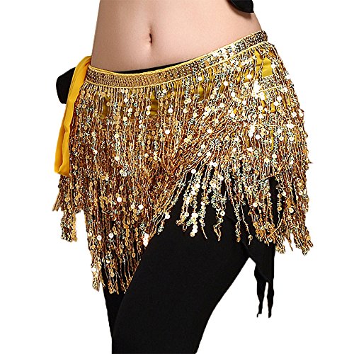 New Arrival Belly Dance Accessories Shining Crochet Sequins Hip Scarf with Tassel Long Dance Belt (Gold)