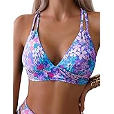 Tainehs Women's Push Up V Neck Bikini Tops Criss Cross Back Padded Bathing Suit Top Only