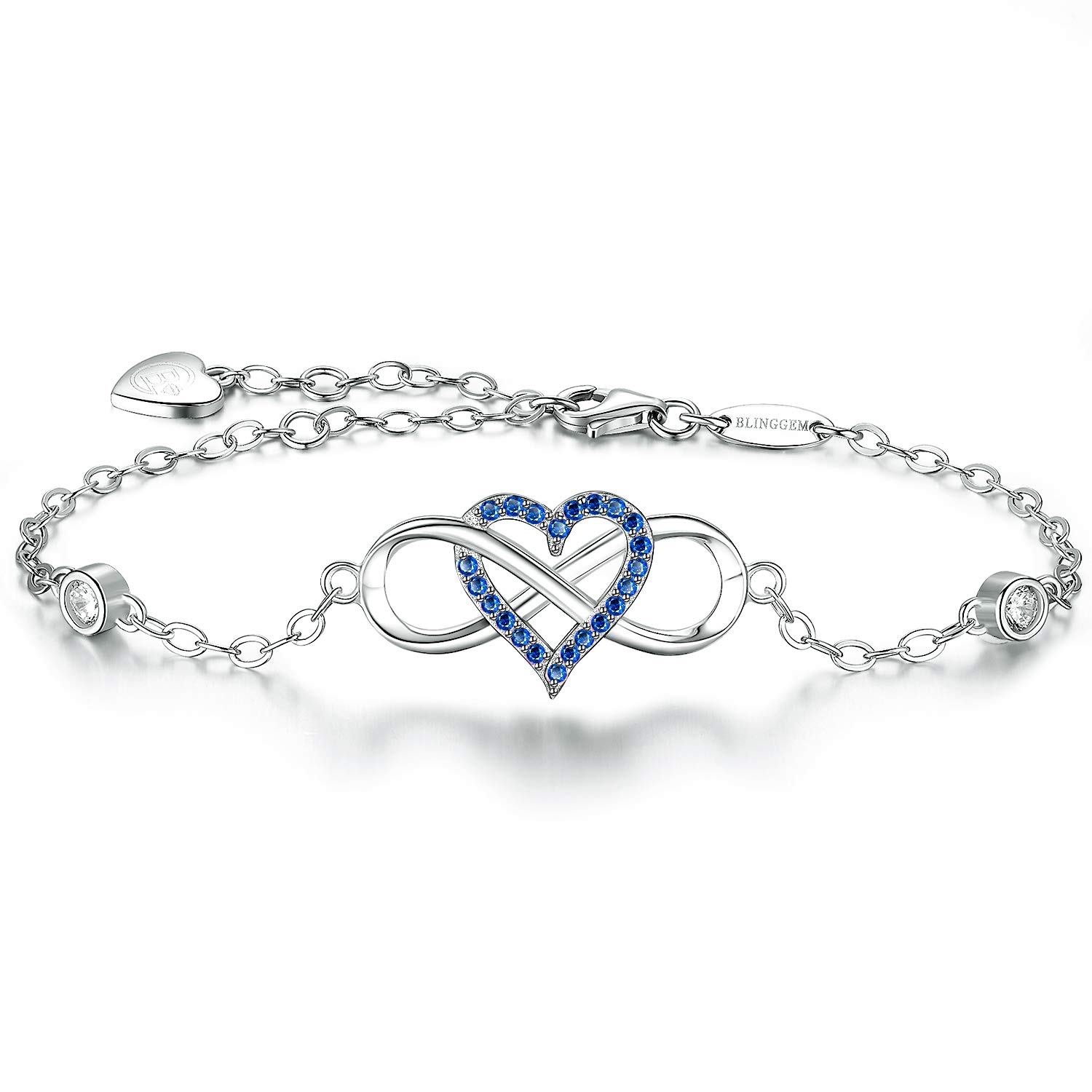 BlingGem Women 18ct White Gold Plated 925 Sterling Silver Round Blue Cubic Zirconia Infinity Heart Bracelet Symbol “Together Forever “Chain Adjustable