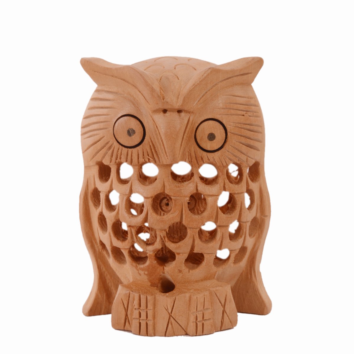 Purpledip Wooden Owl With Jaali Carving Work; Miniature Idol Gift Vaastu Feng Shui Good Luck Charm (10981)