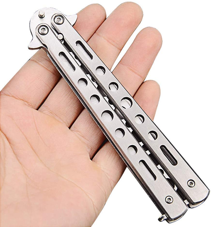 Butterfly Knife, Trainer Martial Arts Practice Swords Steel Metal Folding Knife Training Knife Tool Unsharpened, Random Color Blade Black and Silver, Set of 2: Kitchen & Dining
