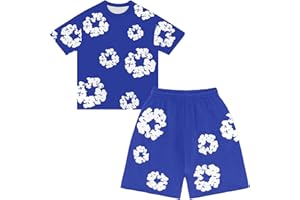 Track Suit Set for Kids Boys Girls Y2k Flower Print Casual Loose Fit Crewneck Short Sleeve Shirt and Short Set