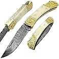 Knife Camel Bone Brass Double Bloster Hunting Folding Knife With Scrimshaw Work 7.6'' Handmade Damascus Steel Folding Pocket Knife With Back Lock Prime Quality