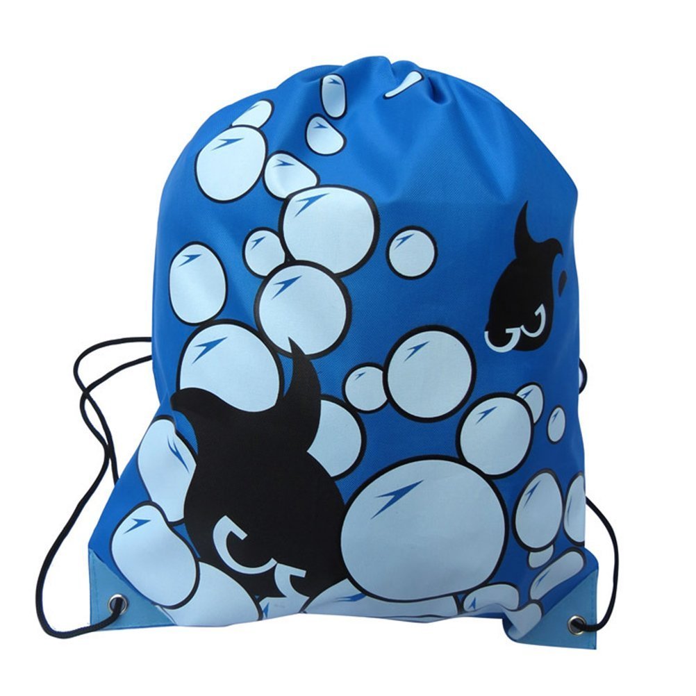 NUOLUX Waterproof Drawstring Bag for Kids and Teenagers Lightweight Portable Backpack Sack for Swimming Beach Gym Travel 16X13 Inch Fish Blue Design