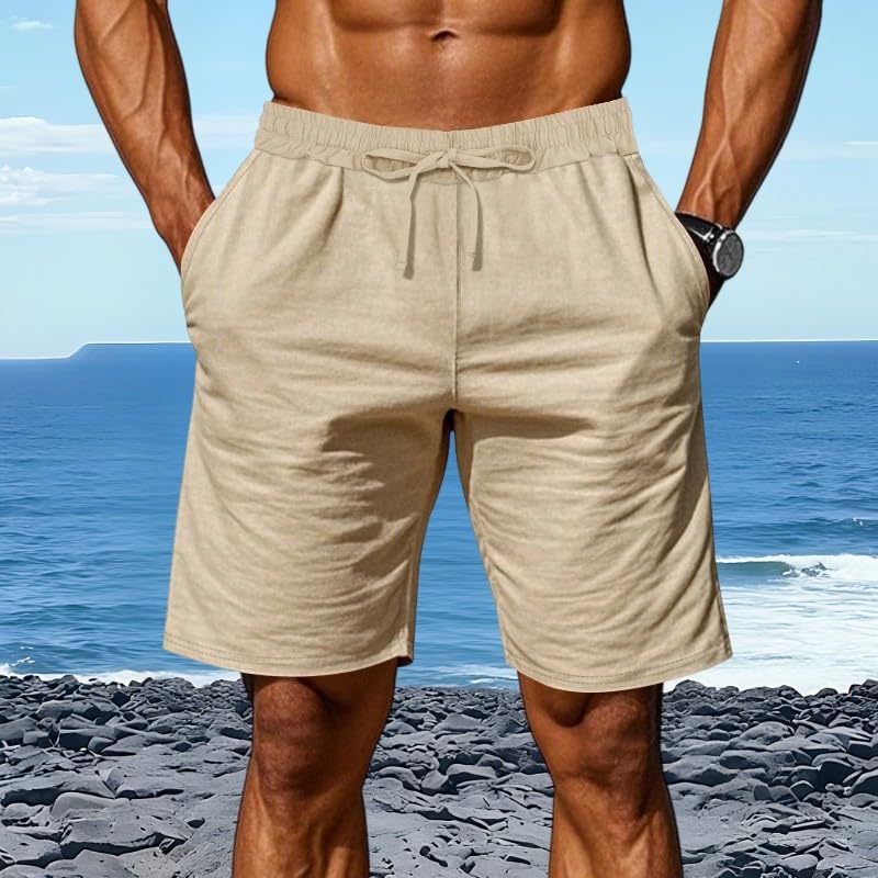 Photo 1 of Men's Casual Shorts Elastic Waist Drawstring Shorts Summer Linen Beach Pants Running Fitness Sweatpant with Pockets Khaki