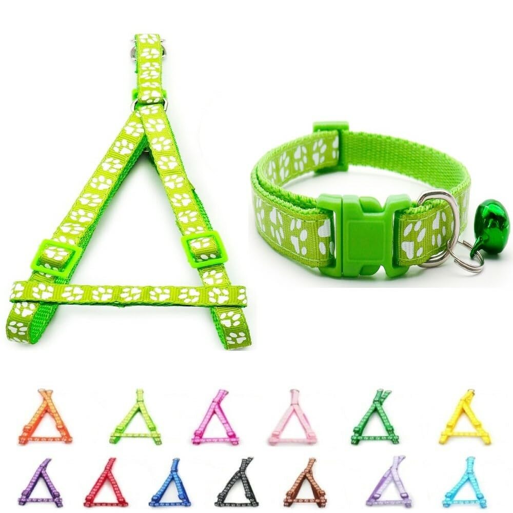 Small Dog Puppy Pet Collar and Harness Set Pawprint Design Nylon Adjustable Neck Size 19-32cm and Chest Size 21-34cm Lime Green