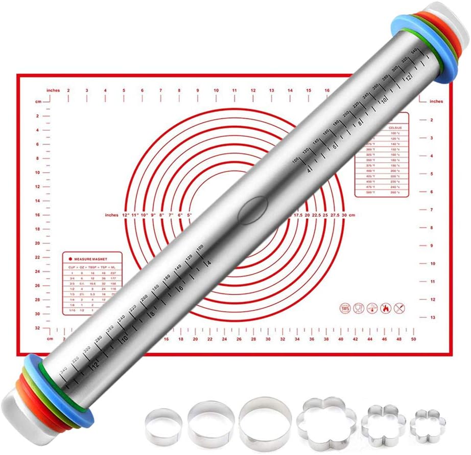 Markmesafe Adjustable Stainless Steel Rolling Pins For Baking Dough Roller With 4 Removable Adjustable Thickness Rings and Pastry Mat for Dough, Pizza, Pastry, Pie and Cookies