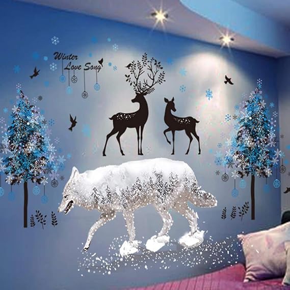 Copos De Nieve Árboles Ciervo Lobo Pegatinas De Pared Pvc Diy Animal