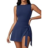 Dokuritu Tennis Dresses for Women Sleeveless Crew Neck Knot Romper Built in Shorts U-Shaped Back Workout Athletic Dress