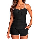 Women's Tankini Swimsuits with Shorts - Two Piece Tummy Control Bathing Suit Twist Bandeau Swimwear with Pockets 2025