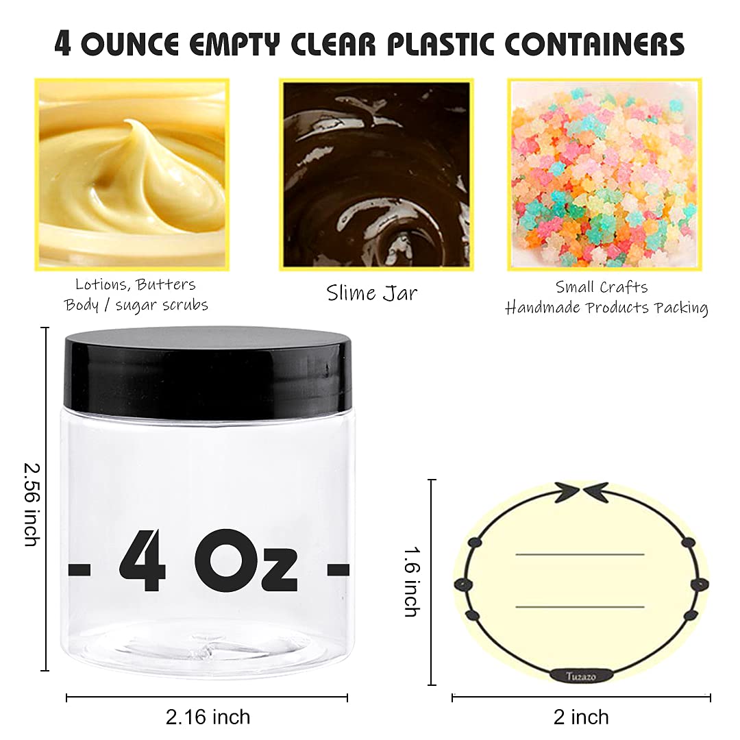 TUZAZO 4 Oz Plastic Container Jars with Lids and Labels BPA Free, Empty Round Clear Cosmetic Slime Jars for Lotion, Cream, Ointments, Body Butter, Makeup, Travel Storage (12 Pack)