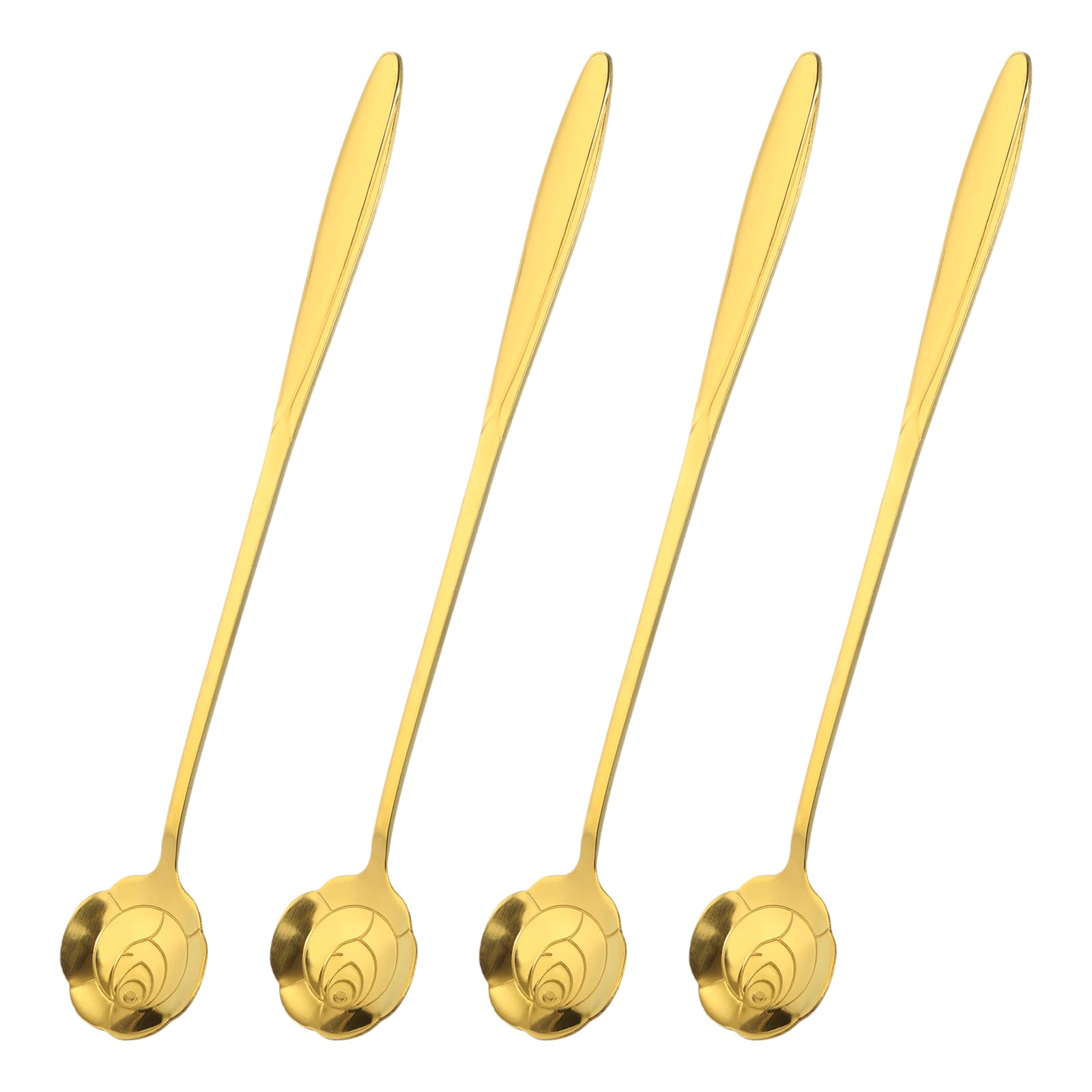 uxcell 4Pcs Stainless Steel Flower Spoon 7 Inch Long Handle Rose Teaspoon Ice Cream Spoon Coffee Spoons for Cocktail Stirring Mixing, Gold