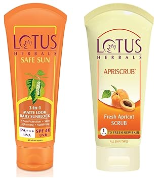 Lotus Herbals Safe Sun 3-In-1 Matte Look Daily Sunblock, SPF 40, 100g & Herbals Apriscrub Fresh Apricot Scrub, 180g Combo