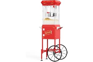 Zevemomo Vintage Style 6 oz Popcorn Machine with Rolling Cart, Wheels, Storage Cabinet and Stainless Steel Oil Spoon, Popcorn