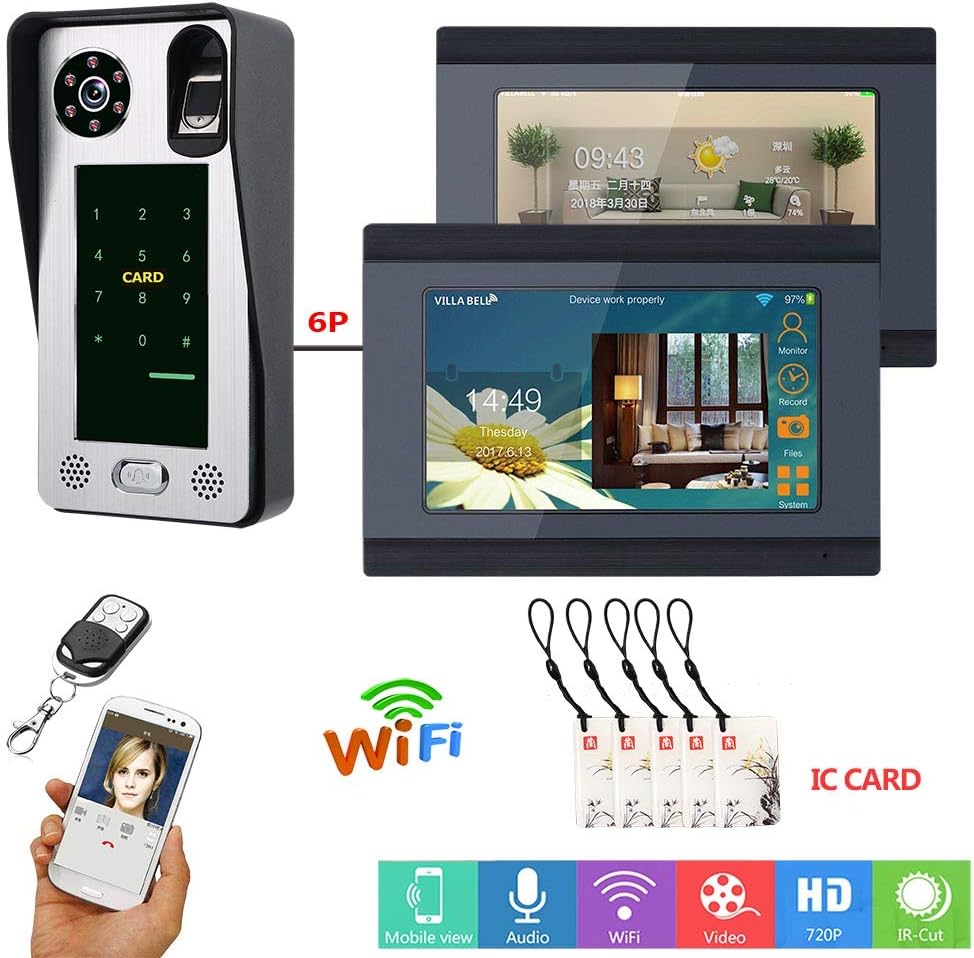 JINPENGPEN 7 inch WiFi Intelligent Video doorbell Fingerprint IC Card Telephone intercom System doorbell 1000TVL HD Camera Photo Recording