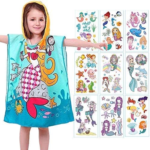 AYUQI Kids Poncho Towel for Bath Beach Swimming Hooded Towel, Kids Soft Cartoon Bathrobe Fast Drying Towel for Girls (Mermaid Pattern)