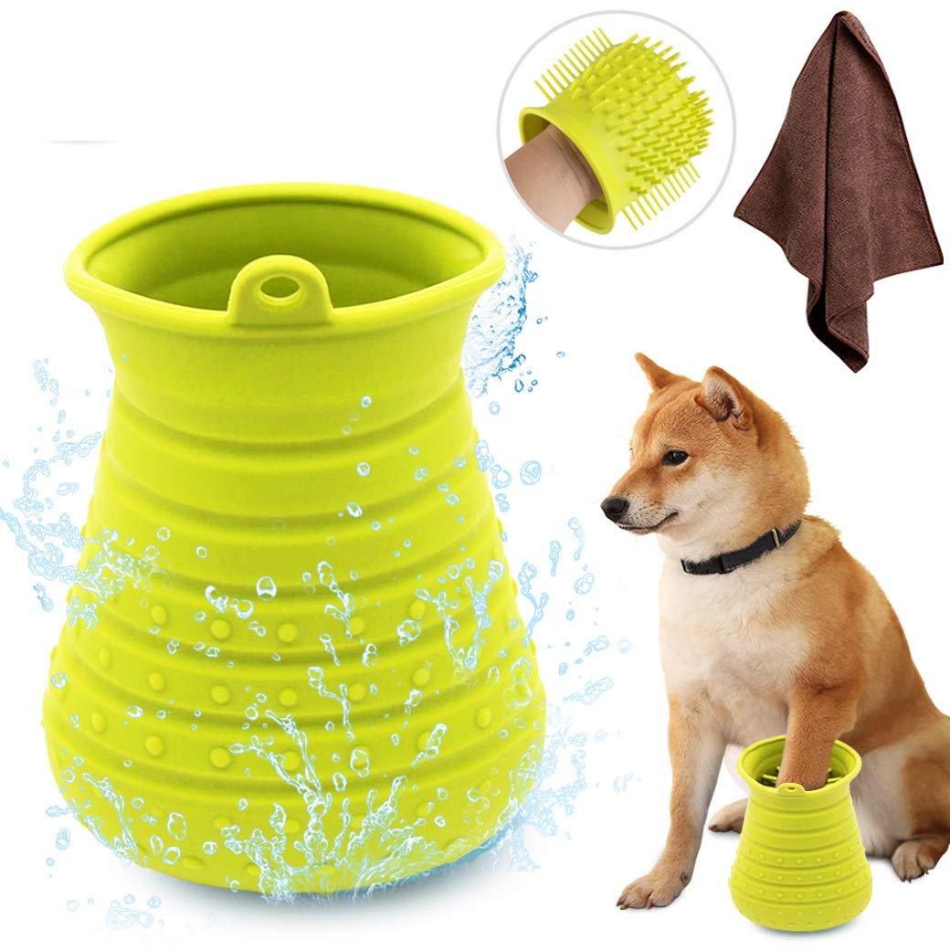 Photo 1 of Idepet Dog Paw Cleaner Cup with Towel Pet Foot Washer Protable Dog Cleaning Brush for Puppy Cats Massage Grooming Dirty Claw (Green)