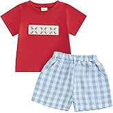 Licupiee Toddler Baby Boys Baseball Outfits Embroidery Short Sleeve T Shirts and Plaid Shorts Set 2Pcs Summer Clothes Sets