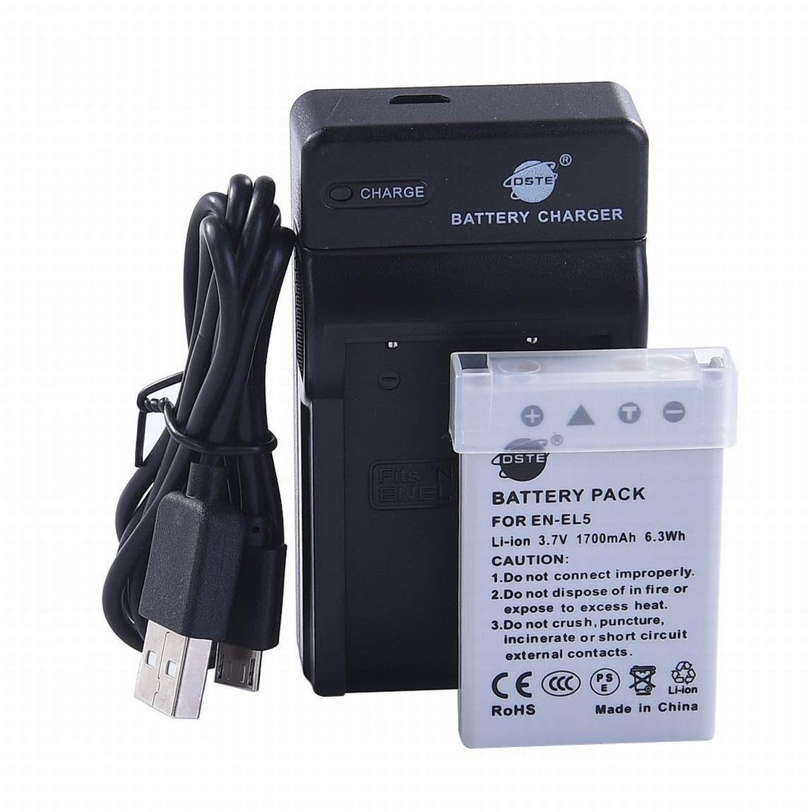 DSTE EN-EL5 Li-ion Battery and Micro USB Charger Suit for Nikon Coolpix P510 P520 P530 P5100 P6000 S10 P3 P4 P80 P90 P100 P500,11.8 x 8.6 x 5 cm