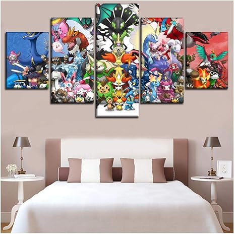 Amazon アートパネル モダン インテリア アート キャンバス絵画 男の子の部屋のアニメーションポケモンエルフのポスターの装飾フレームワークのためのキャンバスの絵画壁の芸術の装飾 リビングルーム ベッドルーム 壁絵 北欧 アートフレーム 5枚セット ウォール