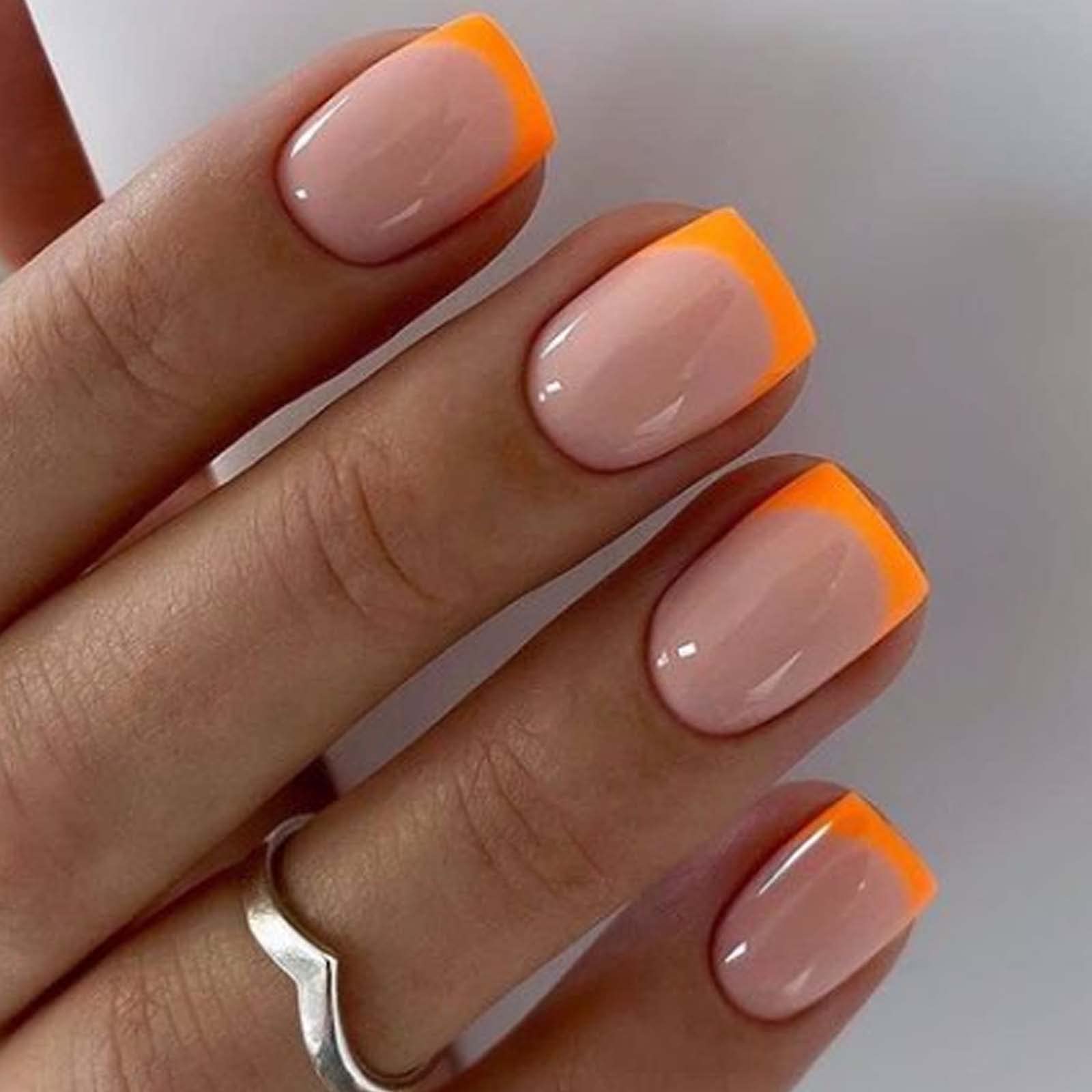 Photo 1 of DANMANR Square Press on Nails Short Fake Nails French Acrylic Full Cover False Nails for Women and Girls 24PCS (Orange French)