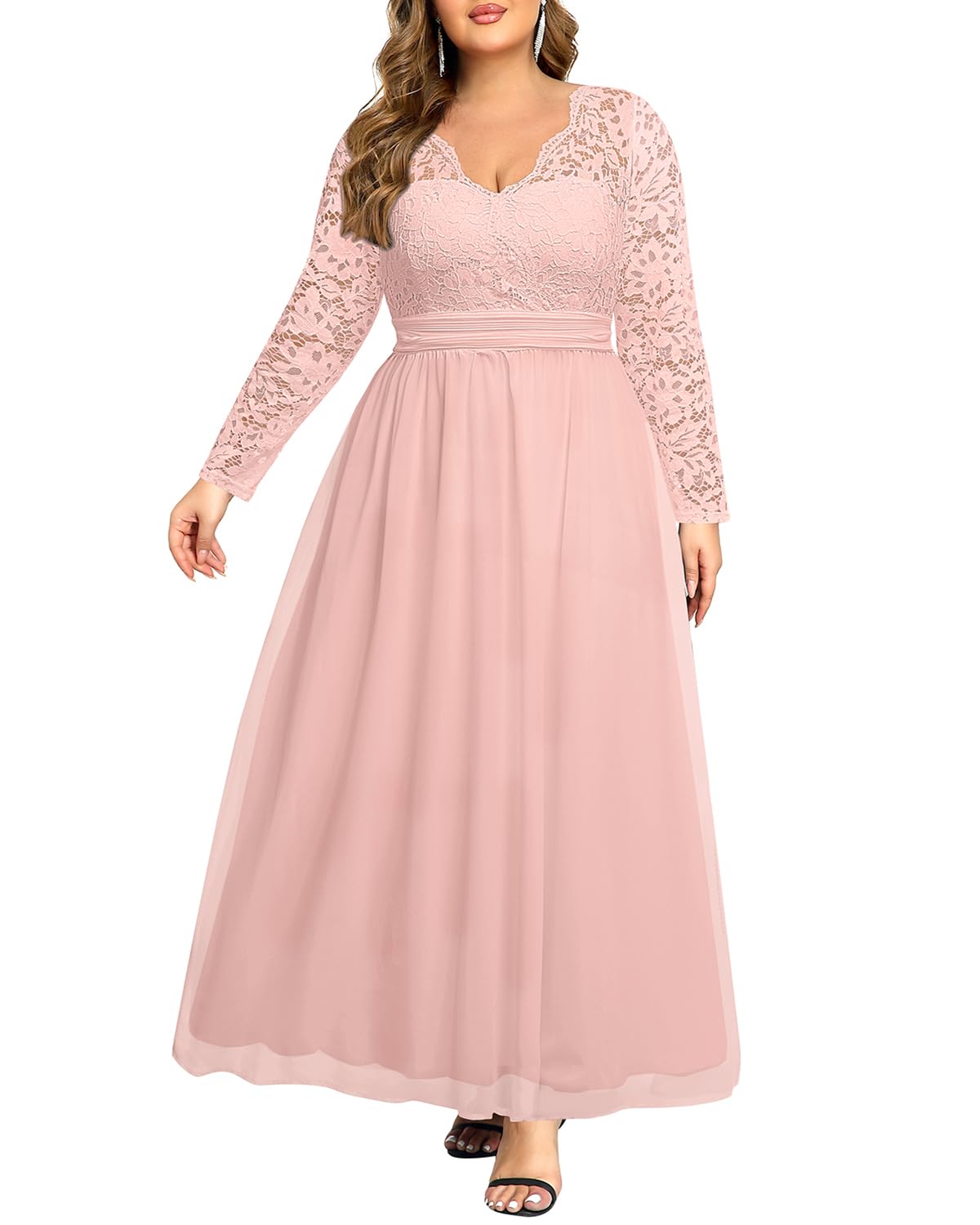 Photo 1 of Talisea Plus Size Bridesmaid Dresses for Wedding Pink Formal Gowns Evening Prom Gala Elegant V Neck Lace Chiffon Long Dress