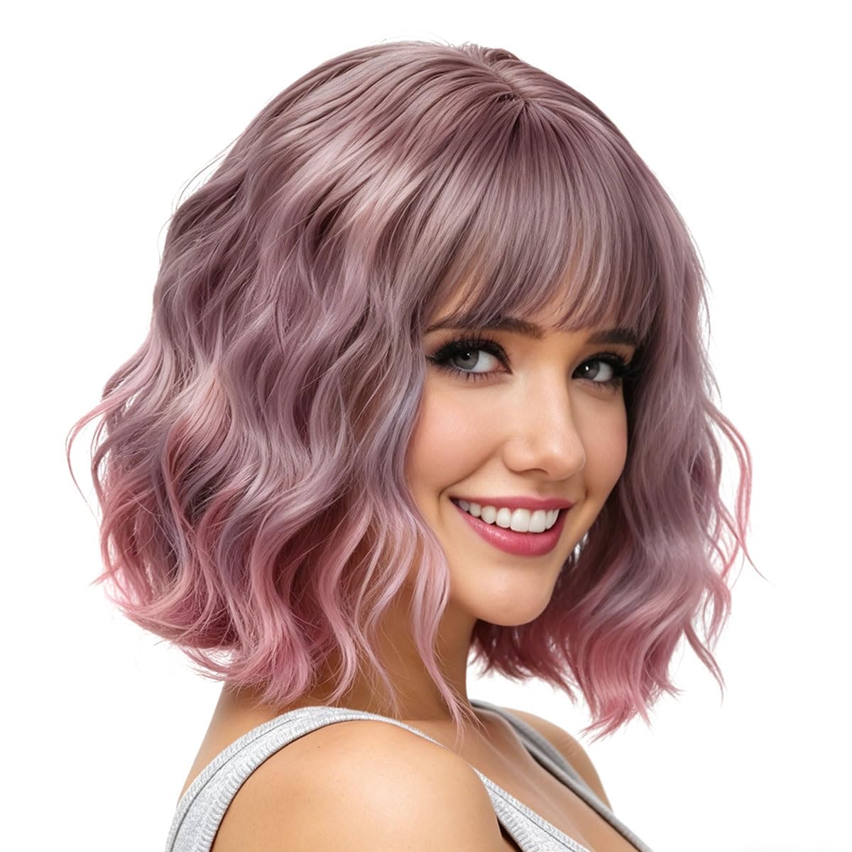 Yamel Wavy Bob Wig with Bangs Natural Ombre Pink Wig Synthetic Hair Shoulder Length Short Curly Wigs for Women — image 1