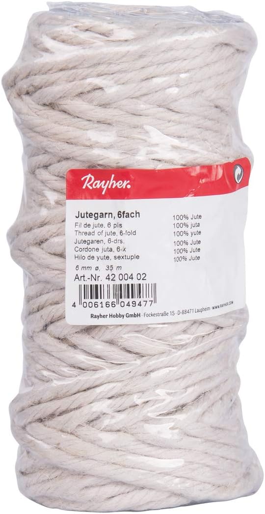 RAYHER 4200402 Jute Twine 6Ply, Jute String for Craft Floristry and Decorations, Diameter 6mm, Length 35m, white