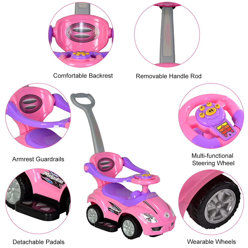 ChromeWheels Push Cars for Toddlers, 3 in 1 Ride on Push Car with Guardrail, Ride on Toys Mega Car w/Push Handle & Horn & Music & Under Seat Storage, Pink
