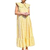 HOULENGS Women's Summer Plaid Sleeveless Maxi Dress Casual Ruffle Flowy A-Line Beach Gingham Long Sundress with Pockets