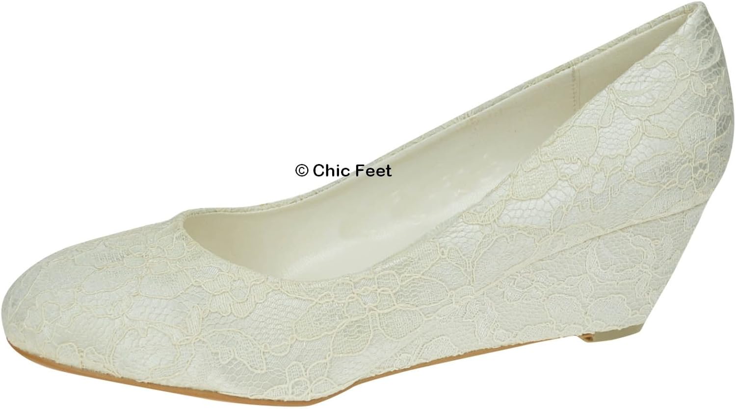 Chic Feet Ladies Womens Ivory Lace Low Wedge Heel Bridal