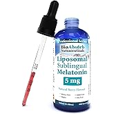Bio Absorb Liposomal Liquid Melatonin 5mg, 100-Day Supply, Sleep Support | Fast Acting Sublingual Drops for Adults, Berry Flavor, Non-GMO, Vegan, Gluten-Free, 3rd Party Tested, Easy Dosing, 3.38 oz