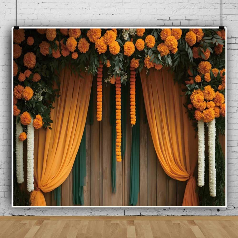 Photo 1 of Indian Pooja Backdrop 10x8ft Puja Ganpati Diwali Decorations Traditional India Photography Background Green Yellow Flowers Curtain Large Banner for Religious Festival Wedding Portrait Photoshoot