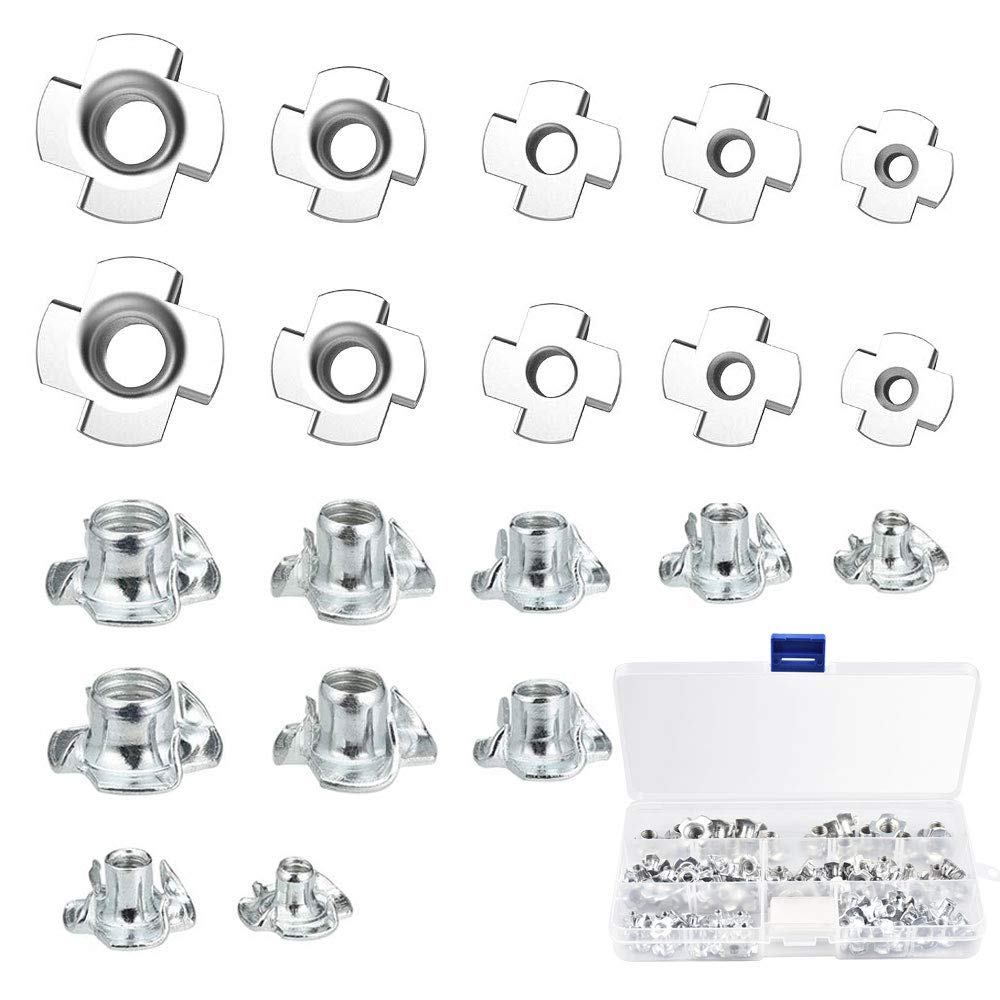 KBNIAN 100Pcs Four Pronged Metric Tee Nuts Zinc Plated Stainless T-Nuts Fastenal for Wood, Rock Climbing Holds and Cabinetry (M3, M4, M5, M6, M8)