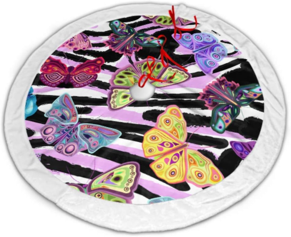 Amazon Com Chqtg Christmas Tree Skirt Bright Butterflies On Black Pink Striped 48 Inch Christmas White Fluffy Tree Skirt For Christmas Decorations For Xmas Party And Home Kitchen