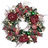 Teresa's Collections Pre-Lit 24 Inch Country Road Red Green and Gold Christmas Wreath with Ball Ornaments,Berries,Pine Cones,Tartan Ribbons and Flowers,Battery Operated 20 LED Lights
