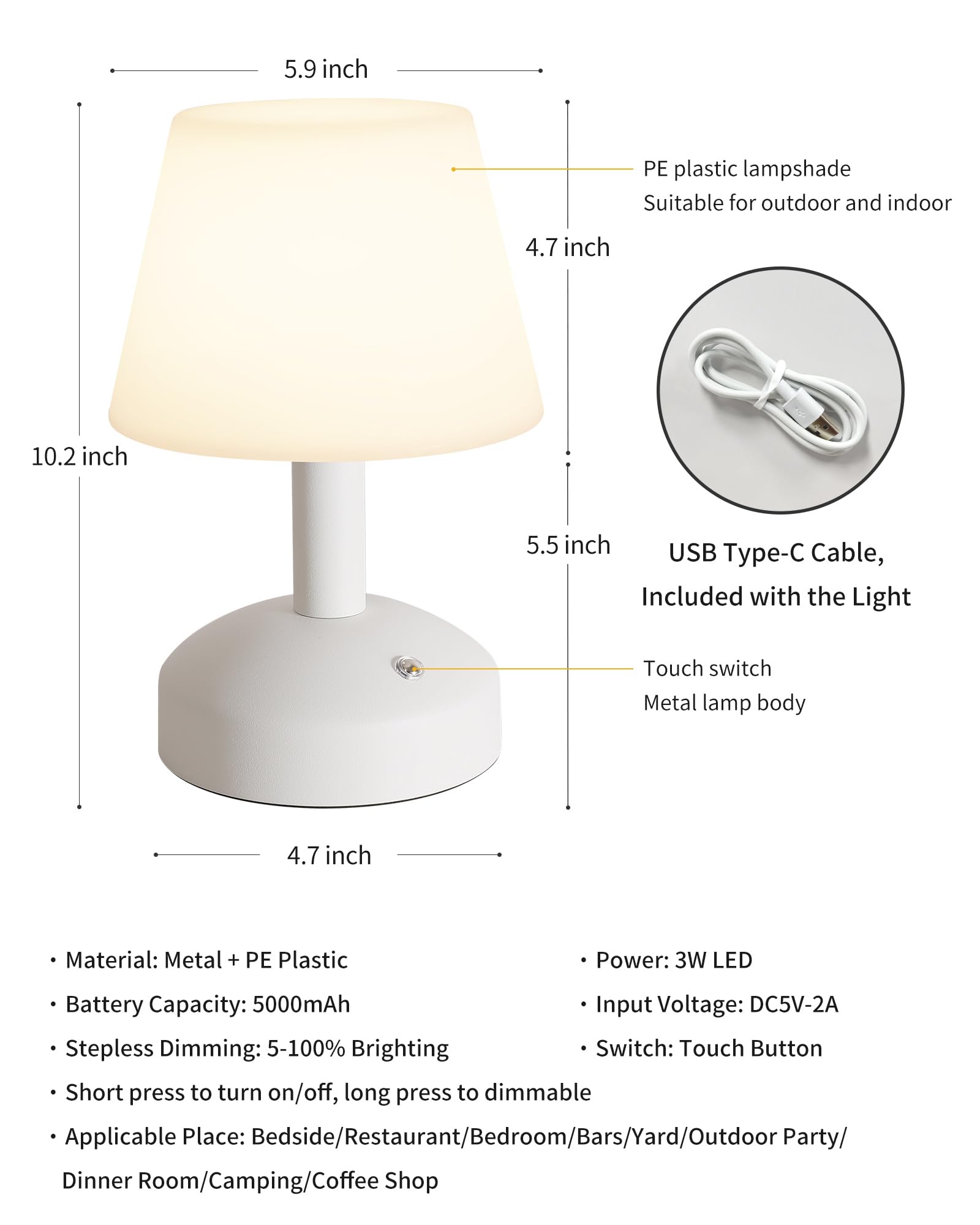 KDG Modern Cordless Small Table Lamps, Outdoor Portable Shower Waterproof LED Dimmable Desk Lamp, 5000mAh Rechargeable Battery Operated Lighting for Restaurant, Bedroom, Bathroom, Night Light (White)