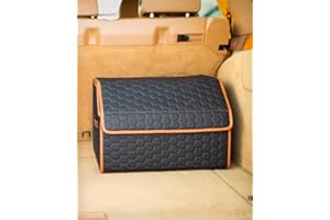 Owleys Sedan Trunk Organizer 17.7" Storage Tote For Groceries, Tools & Travel Gear - Foldable Eco-Leather Car Crate With Magnetic Lid | Stylish Presents For Drivers | Black-Brown (Hexy 17)