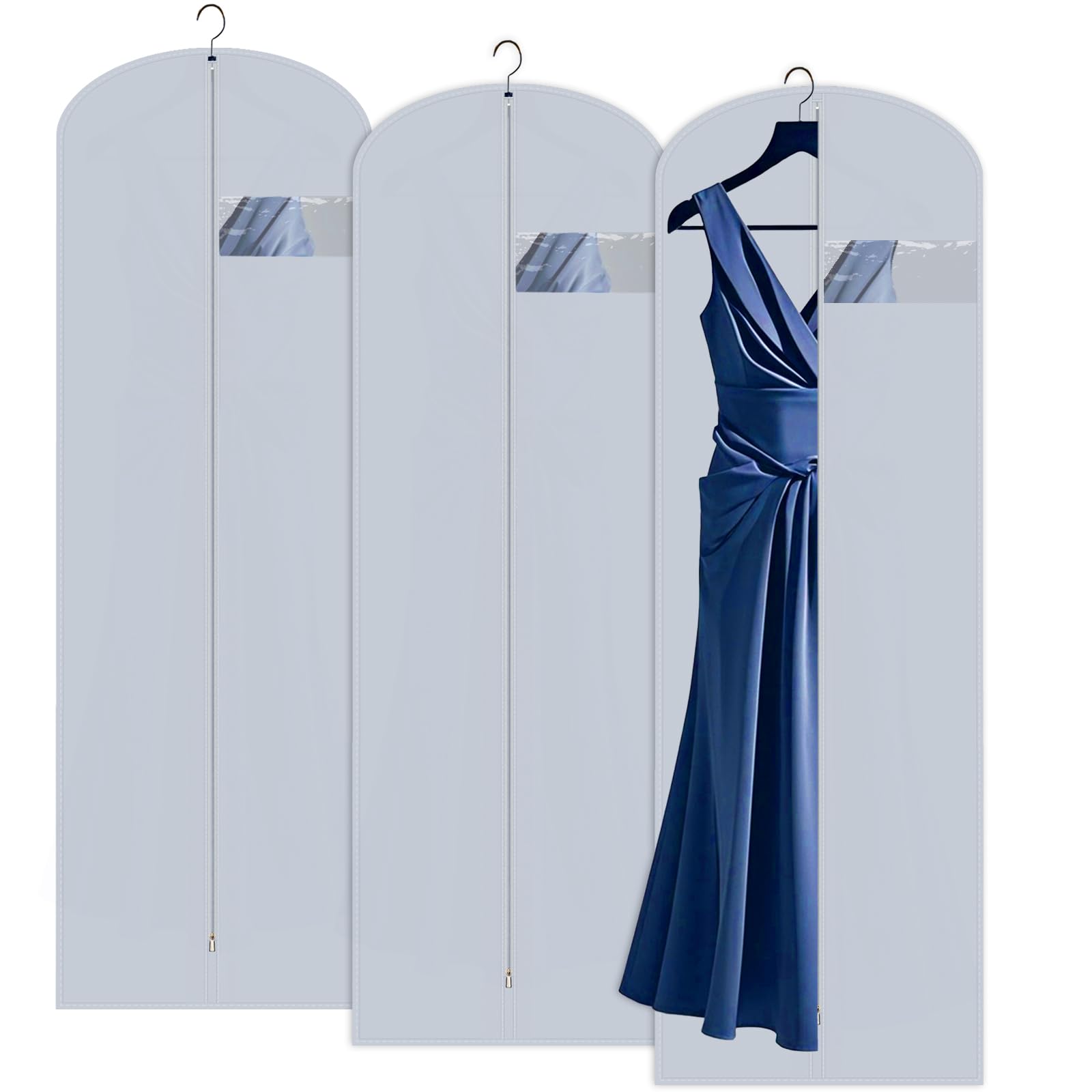 3-Pack Long Dress Garment Bag with Window, Hanging Clothes Cover for Gowns, Wedding Dresses, and Suits – Dust-Proof Storage with Metal Zipper (183cm / 72 inches)